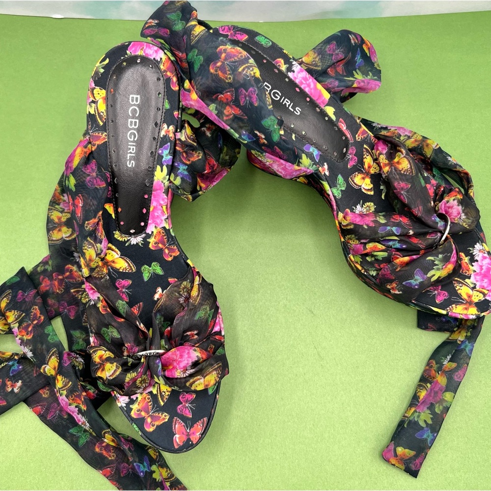 NEW BCBG Girls Floral Butterfly Wedge Ankle Wrap Heels - Picture 8 of 10